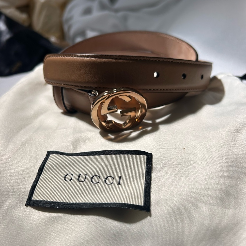 Gucci Tan Leather Belt with Gold Emblem